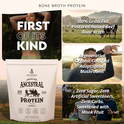 Grass Fed Protein Powder, Vanilla, Beef Bone Broth Based with Beef Organs & Organic Mushrooms, Gut Health Support, High Protein Supplement, 20G Protein per Serving, 30 Day Supply