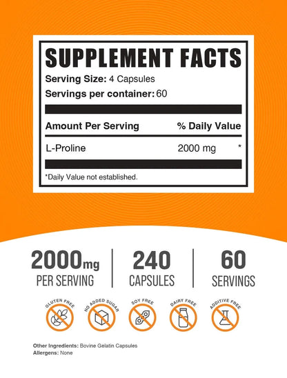 Bulksupplements L-Proline Capsules - Proline Supplement, Amino Acid Supplement - 4 Capsules per Serving (2000Mg), 240 Count