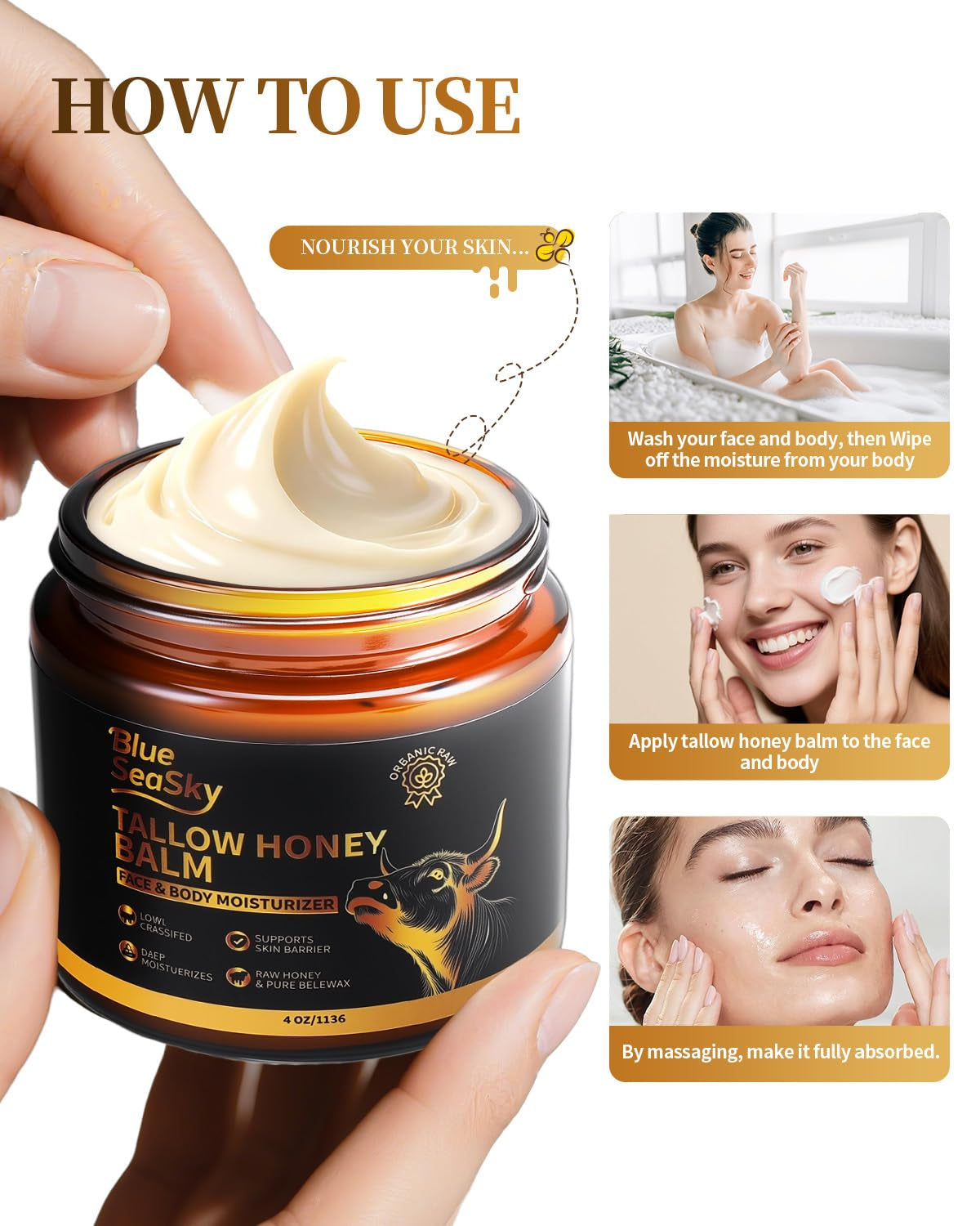 Beef Tallow for Skin 4/OZ Unscented Handmade Whipped Beef Tallow for Face Body & Moisturizer with Organic Grass-Fed Beef Tallow and Honey Balm Natural Formula for Dry Sensitive Skin (Unscented)