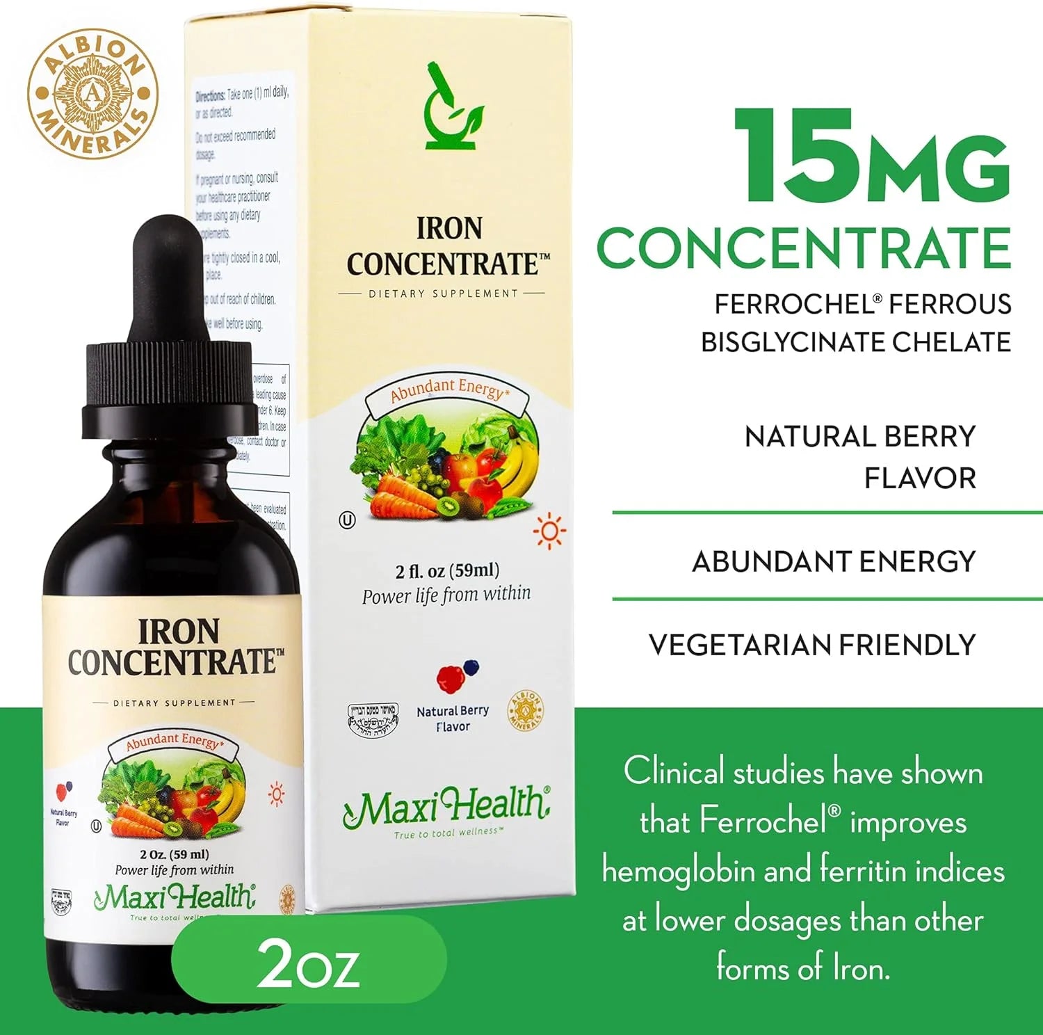 Liquid Iron Supplement – 15 Mg per Ml – Berry Flavor – High Potency – 2 Fl Oz – Vegetarian