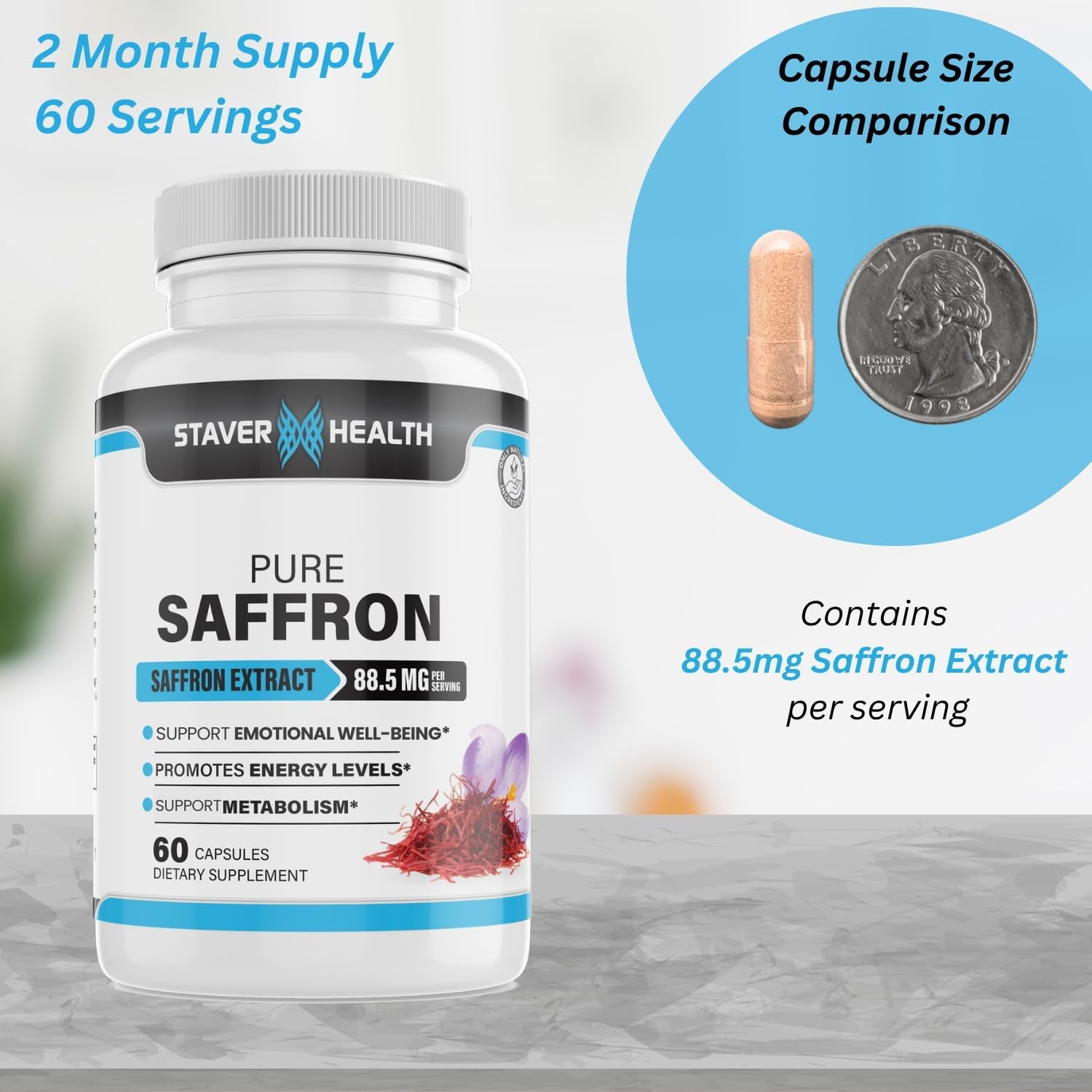 Saffron Supplement 88.5 Mg – Saffron Extract Capsules – Supports Mood Balance & Emotional Wellness – 60 Veggie Capsules –