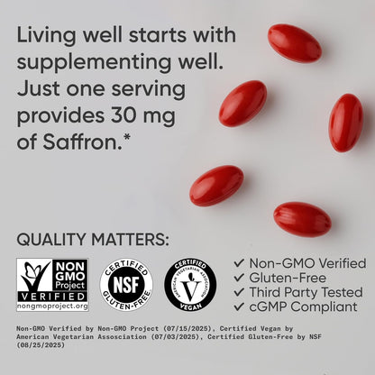 ® Pure Saffron Supplement, 30 Mg - Mood & Stress Support - Made W/Affron® Saffron Extract - Vegan Certified · Non-Gmo · Gluten Free – 60 Veggie Softgels
