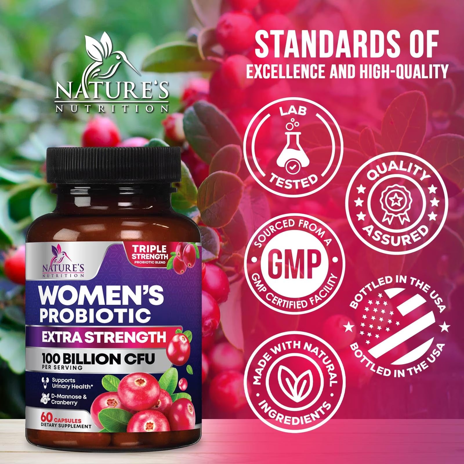 Probiotics for Women - Probiotic Blend 100 Billion CFU per Serving - Women'S Probiotic for Targeted Vaginal & Digestive Health Support - 16 Strains, Cranberry, Prebiotics - Bottled USA - 60 Capsules