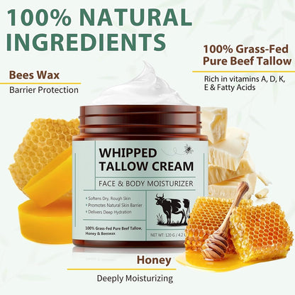 Beef Tallow for Skin, Beef Tallow Moisturizer, 4.2 Oz Organic Whipped Grass Fed Beef Tallow with Honey Cream for Face & Body, Unscented