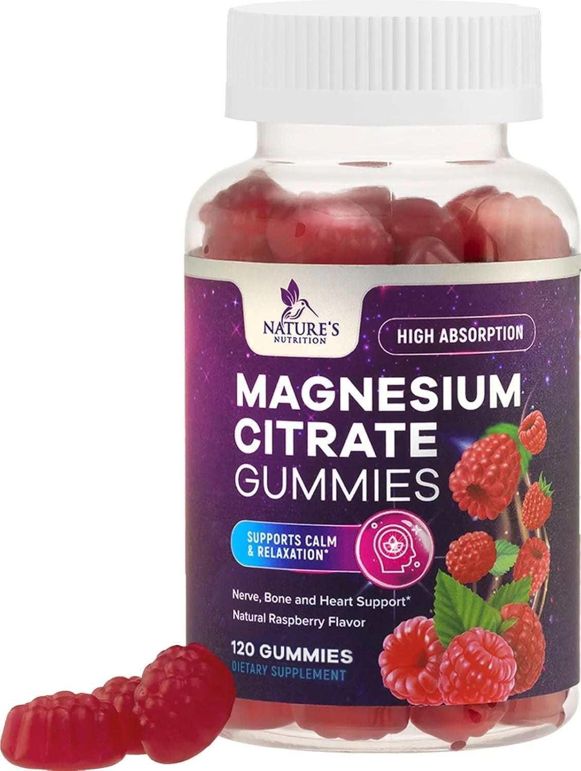 Magnesium Citrate Gummies - High Absorption Magnesium Citrate Gummy Supplement - Natural Bone, Nerve, Muscle, Calm, & Relaxation Support for Adults - Raspberry Flavor, Gluten Free, Vegan, 120 Gummies