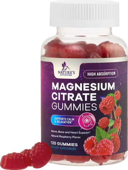 Magnesium Citrate Gummies - High Absorption Magnesium Citrate Gummy Supplement - Natural Bone, Nerve, Muscle, Calm, & Relaxation Support for Adults - Raspberry Flavor, Gluten Free, Vegan, 120 Gummies