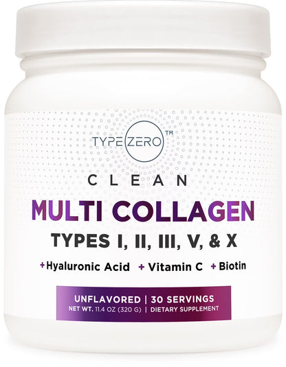 Type Zero Multi Collagen Powder 30 Servings - Types I, II, III, V, & X Collagen Peptides + Hyaluronic Acid, Vit C, Biotin