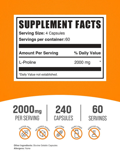 Bulksupplements L-Proline Capsules - Proline Supplement, Amino Acid Supplement - 4 Capsules per Serving (2000Mg), 240 Count