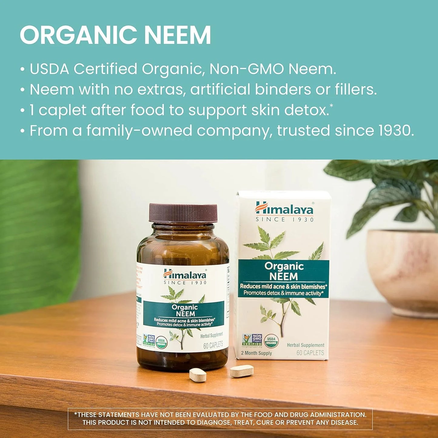 Organic Neem Herbal Skin Supplement, Mild Acne Supplement, Clear Skin, Purifying, 60 Plant-Based Caplets