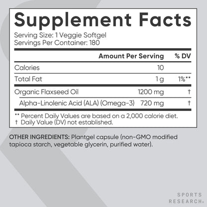 Vegan Flaxseed Oil 1200Mg W/ ALA Omega 3 Herbal Supplement 180 Softgels Non-Gmo