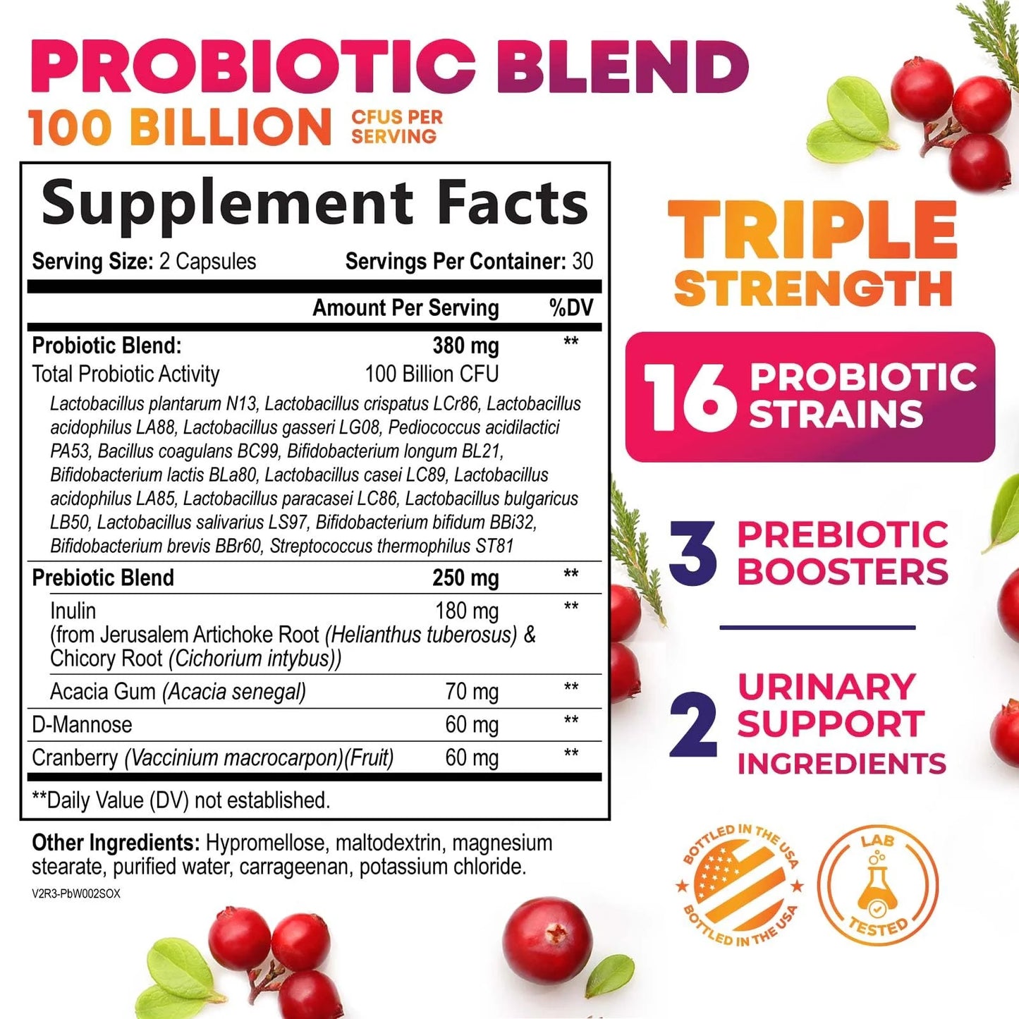 Probiotics for Women - Probiotic Blend 100 Billion CFU per Serving - Women'S Probiotic for Targeted Vaginal & Digestive Health Support - 16 Strains, Cranberry, Prebiotics - Bottled USA - 60 Capsules