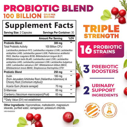 Probiotics for Women - Probiotic Blend 100 Billion CFU per Serving - Women'S Probiotic for Targeted Vaginal & Digestive Health Support - 16 Strains, Cranberry, Prebiotics - Bottled USA - 60 Capsules