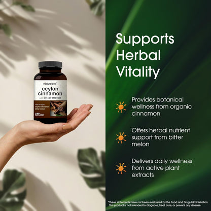 Organic Ceylon Cinnamon with Bitter Melon Extract - 240 Capsules - Herbal Wellness & Daily Wellness Support Complex - Triple Strength - Non-Gmo - 3Rd Party Tested