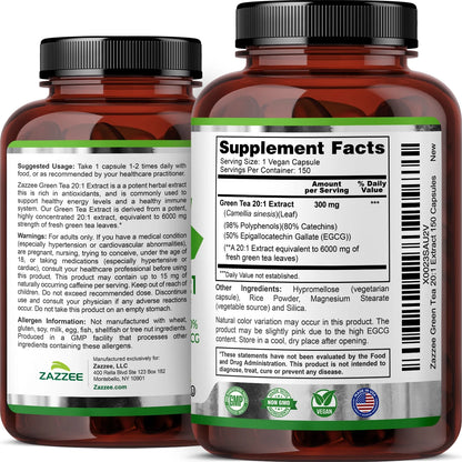 Zazzee Extra Strength Green Tea Extract 6000 Mg – 150 Vegan Capsules – 20:1 Potency – 50% EGCG / 98% Polyphenols – 5‑Month Supply – Vegan • Non-Gmo •Kosher• Made in USA